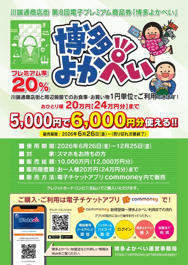 博多よかぺい2026の20パーセント、1人20万円上限、6月26日販売開始、12月25日利用期限を掲載した公式案内