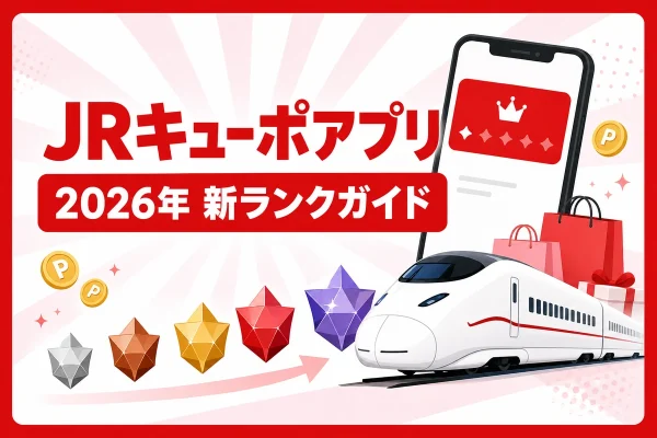JRキューポアプリと2026年の新会員ランクを列車・スマートフォン・5段階の宝石で表した解説記事アイキャッチ