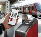 スマートフォンに表示したQRチケットを駅の改札へかざして列車に乗るイメージ