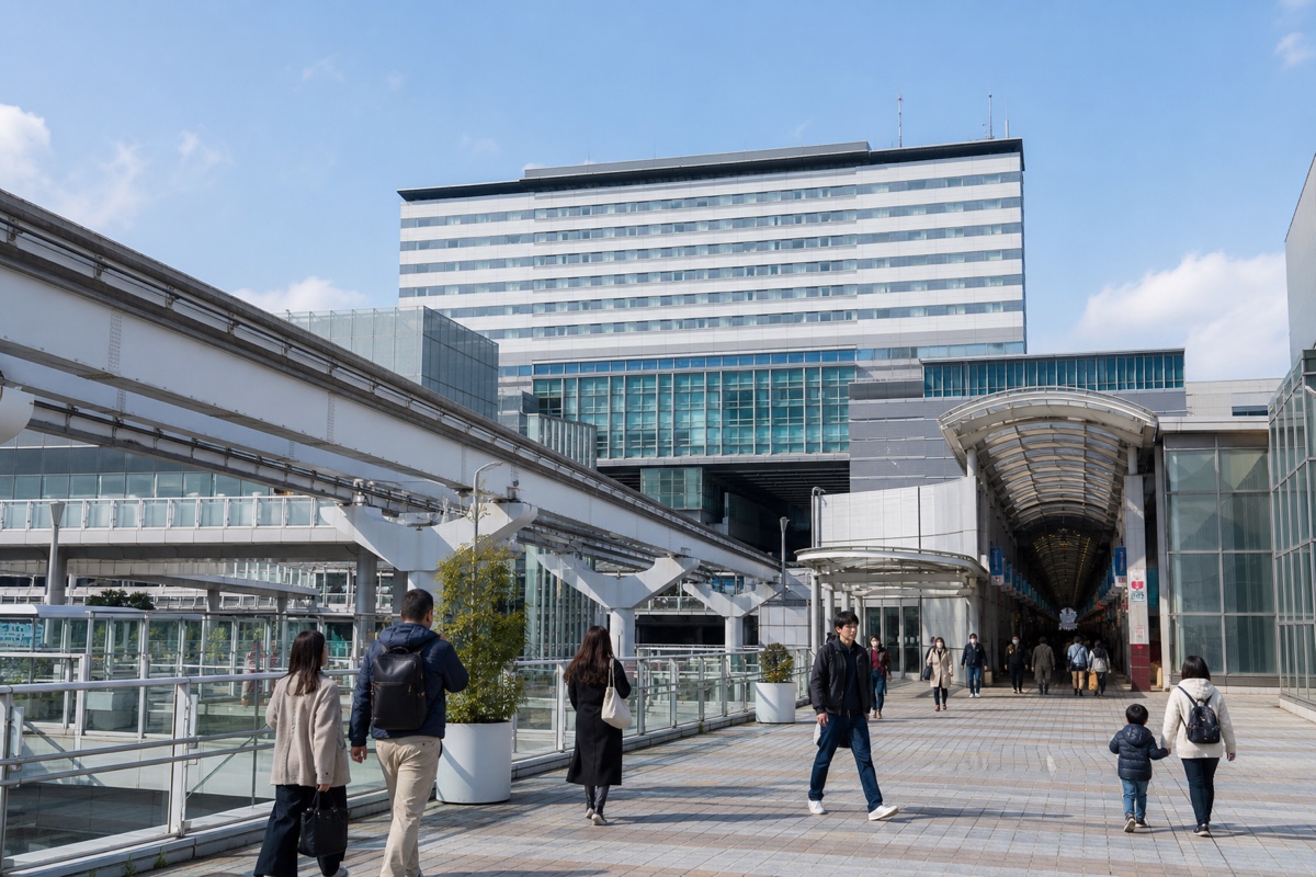 小倉駅、北九州モノレールの高架、アーケード商店街を表した案内イメージ