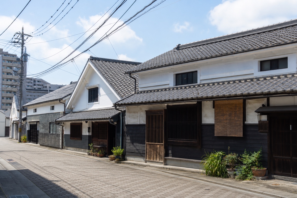 旧唐津街道沿いの白壁と瓦屋根の町家が並ぶ姪浜の案内イメージ
