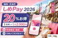 しめPay2026は20%お得、1万円で1万2000円分、志免町民限定の一次抽選は8月27日まで、利用は12月25日までと案内する文字入りアイキャッチ
