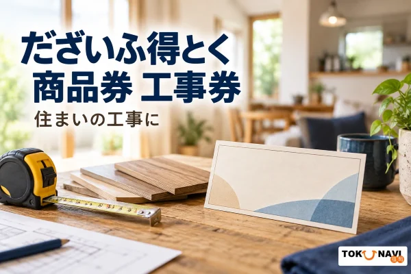 だざいふ得とく商品券 工事券を案内する、木材と測定工具を置いた住宅改修のイメージ。