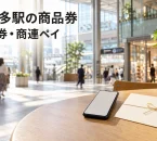 博多駅の商品券を紹介する、商業施設での買い物とスマートフォンのイメージ