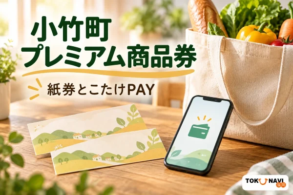 小竹町 プレミアム商品券を案内する買い物・利用場面のイメージ。紙券とこたけPAY。
