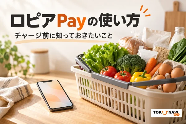 ロピアPayの使い方を表す、食材とスマートフォンのイメージ