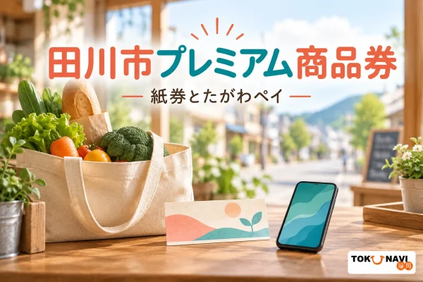 田川市プレミアム商品券の紙券とたがわペイを案内する買い物場面のイメージ。