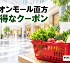 買い物かごとショッピングバッグを配した、イオンモール直方のクーポン利用案内のイメージ