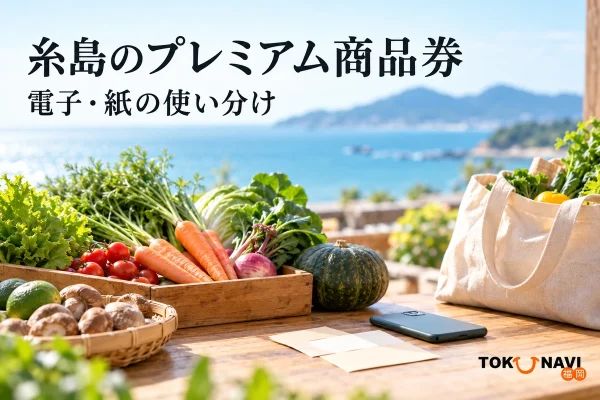 糸島のプレミアム商品券の利用を案内する、電子・紙の使い分けを表した買い物イメージ。実在店舗や公式券面・アプリ画面の写真ではありません。