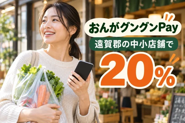 おんがグングンPay2026の20％プレミアム商品券を紹介する買い物イメージ