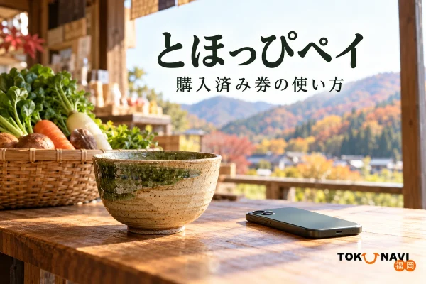 とほっぴペイの利用を案内する、購入済み券の使い方を表した買い物イメージ。実在店舗や公式券面・アプリ画面の写真ではありません。