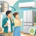 福岡市の省エネ家電買い替え補助でエアコンと冷蔵庫を比較する家族のイラスト