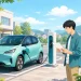 行橋市の次世代自動車補助を確認しながら電気自動車を充電する人のイラスト