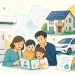 福岡県の省エネ家電・住宅・EVなどの補助制度を家族で確認するイラスト